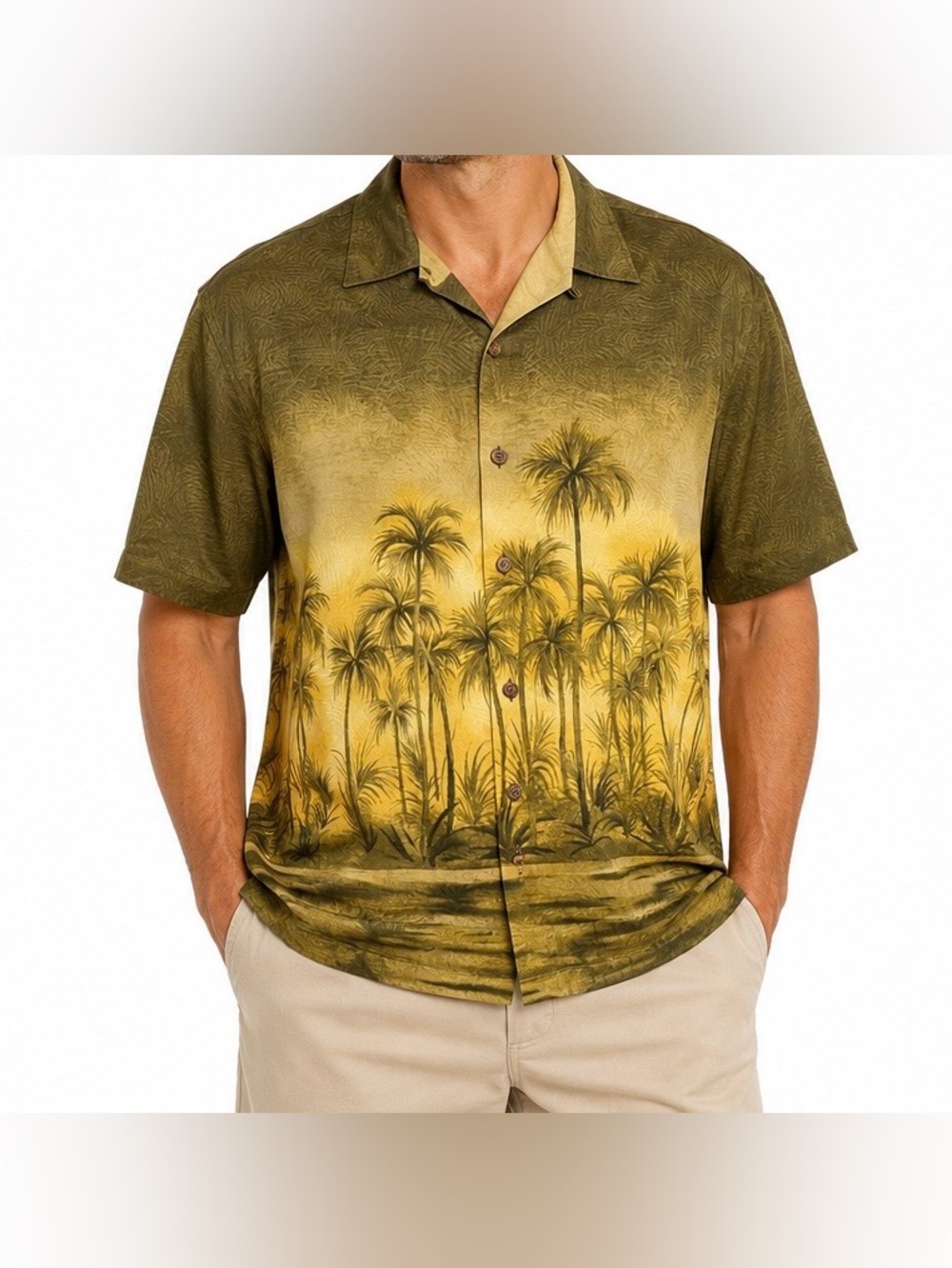 Tommy Bahama Silk Aloha Camp Shirt Palm Tree Print Olive Tan Size L